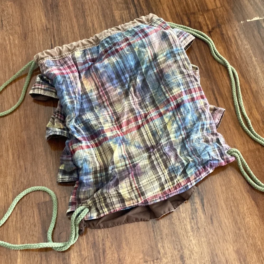 Ruffled Drawstring Bag Backpack Plaid Brown Frills Y2K Casual Lizzie McGuire
